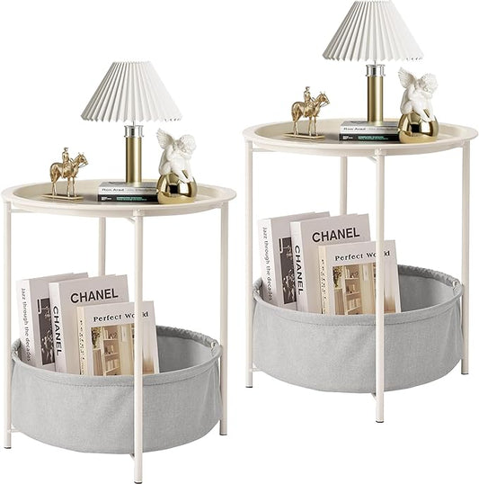 VECELO Round Side/End Table with Fabric Storage Basket，Metal Anti-Rust and Waterproof Small Bedside Nightstand with Removable Tray Top for Living Room，Balcony & Laundry，Beige/2pcs with Basket