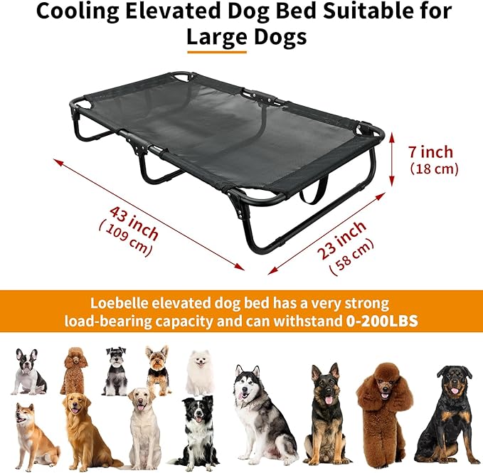 Elevated Dog Bed Large Sized Dog Cots Beds for Large Dogs Foldable Raised Dogs Beds Outdoor Cooling Chew-Proof, No Assembly Need, Black-Mewly Pet
