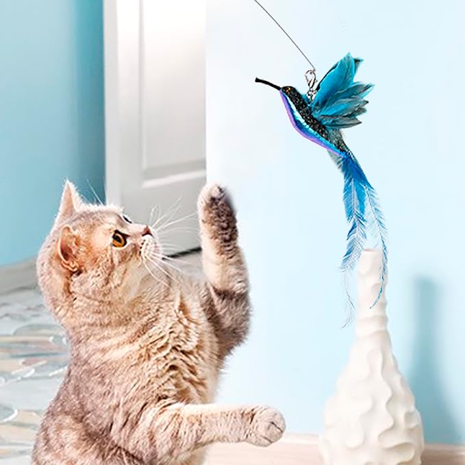 JXFUKAL Cat Feather Toy Refills, 6Pcs Simulation Bird Mouse Bee Worm Feather Cat Lures Wand Attachment Replacement for Kitty Kitten Indoor Cats Accessories-Mewly Pet