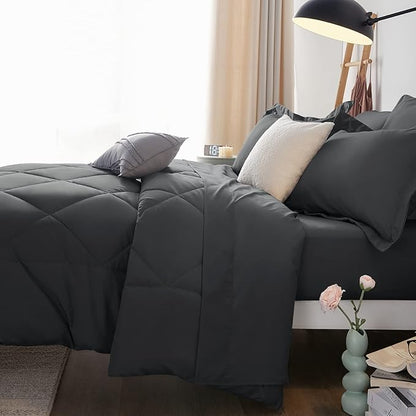 CozyLux King Size Comforter Set Dark Grey - 7 Pieces Bed in a Bag King, Luxury Soft Bed Set for All Seasons, Bedding Set with Down Alternative Comforter, Sheets, Pillowcases & Shams