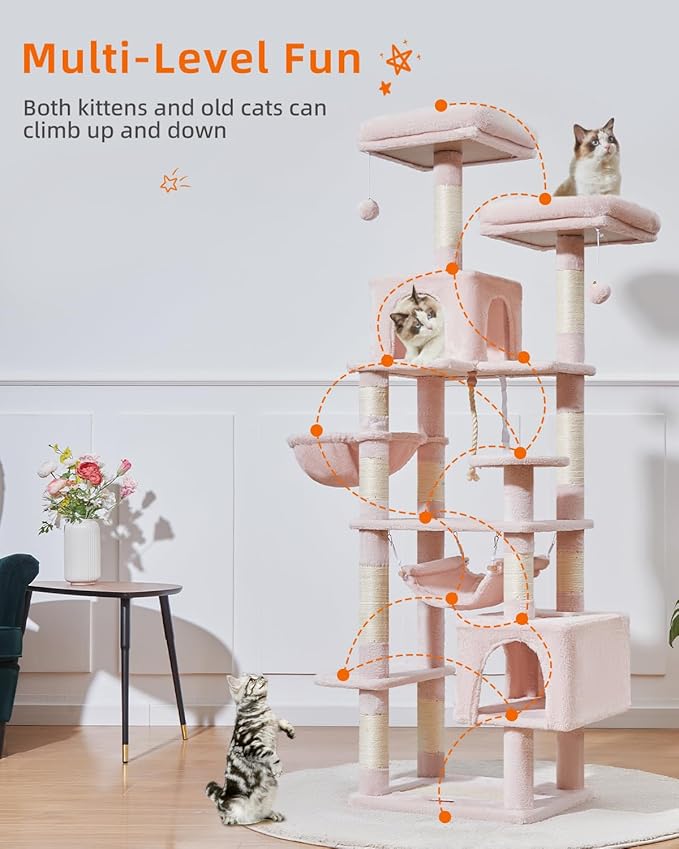 Taoqimiao Cat Tree, 71-Inch Cat Tree Cat Tower for Indoor Cats, Plush Multi-Level Cat Condo with 10 Scratching Posts, 2 Perches,Basket, 2 Caves,Hammock, 2 Pompoms,MS020P Jelly Pink-Mewly Pet