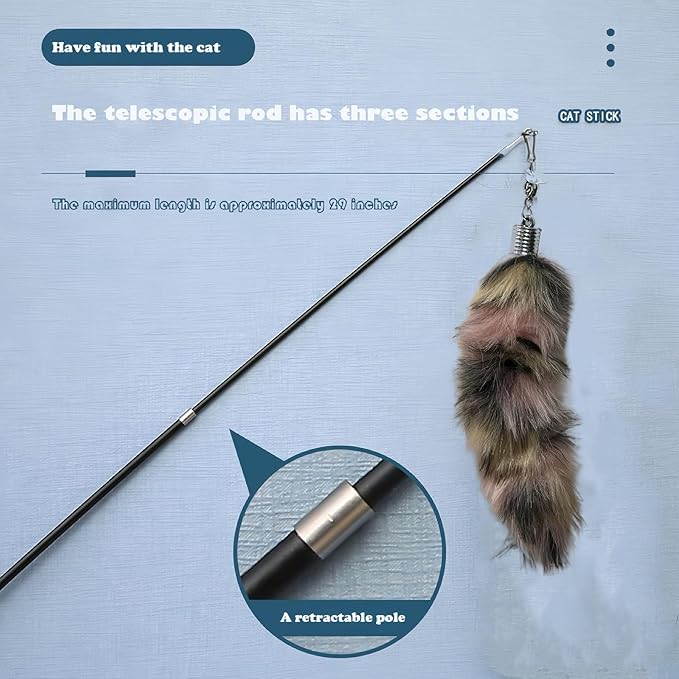 Interactive Cat Wand Toy with Cat Dancer, Retractable Feather Fox Tail Teaser for Indoor Cats, Enrichment Play Kittens to Senior Cats (Soft Pink)-Mewly Pet