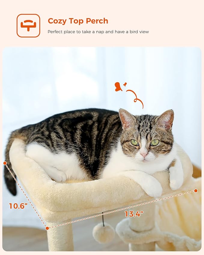 PEQULTI Small Cat Tree, [28.5''] Cat Tower for Indoor Cats, 2 Styles Activity Tree with Cat Scratching Posts, Big Hammock and Removable Top Perch Beige-Mewly Pet