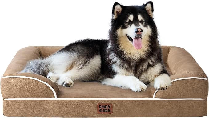 EHEYCIGA Orthopedic Dog Beds for Extra Large Dogs, Waterproof Memory Foam XXL Dog Bed with Sides, Non-Slip Bottom and Egg-Crate Foam Big Pet Couch Bed with Washable Removable Cover, Camel-Mewly Pet