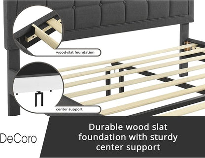 Decoro Mornington Upholstered 2.0 Platform Bed, Button-Tufted Fabric Headboard and Metal Frame with Wood Slat Support, Dark Grey, Full