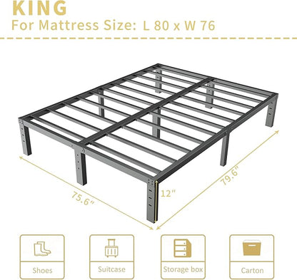 ALDRICH 12 Inch Metal King Size Bed Frame - Double Black Basic Steel Slats Platform, Easy Assembly Heavy Duty Noise Free Bedframes, No Box Spring Needed
