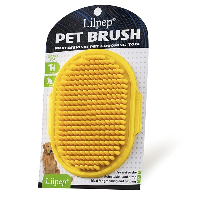Dog Grooming Brush, Lilpep Pet Shampoo Bath Brush Soothing Massage Rubber Comb with Adjustable Ring Handle for Long Short Haired Dogs and Cats (Yellow, pack of 1)-Mewly Pet
