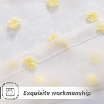 MYSKY HOME Short Curtains for Small Window - 45 Inch Long Pom Pom Sheer Curtains for Bedroom, Living Room, Kitchen, Nursery - Yellow Cafe Panels with Rod Pocket - 2 Sets Voile - 52 x 45 in