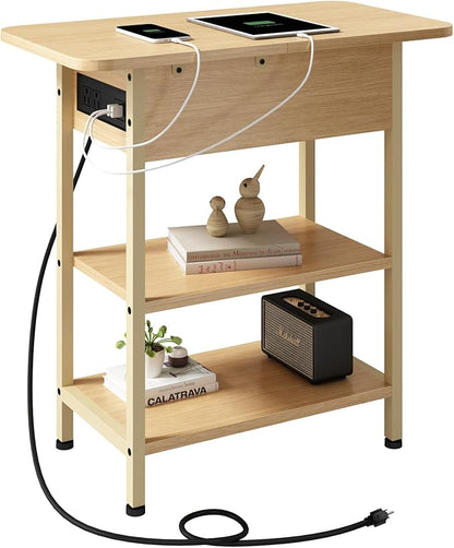 LIDYUK End Table with Charging Station, Flip Top Side Table with USB Ports and Outlets, Nightstand for Small Spaces, Bedside Tables with Storage Shelf for Living Room, Bedroom, Natural