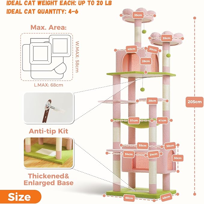 PAWZ Road Flower Cat Tree for Large Cats, 81 Inches Pink Tall Cat Tower with 2 Perches, 2 Condos and Spacious Hammock, XL Extra Large Condo with 7 Scratching Posts for 20lb+ Adult Cats-Mewly Pet