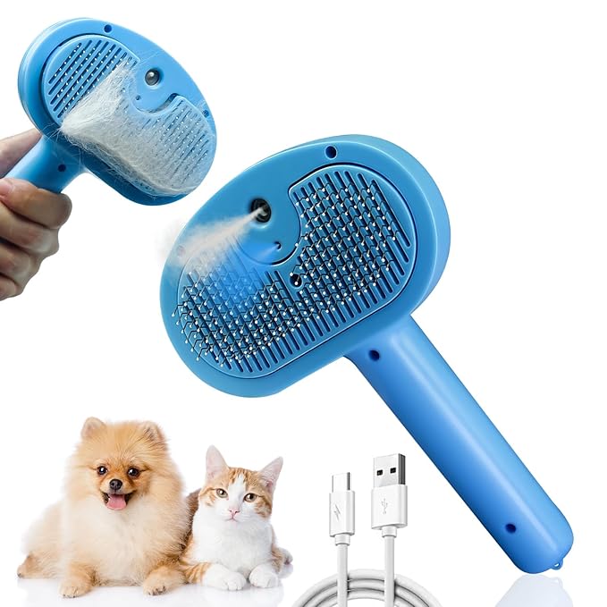 5-in-1 Pet Steam Brush for Cats & Dogs – Grooming, Shedding, Massage & One-Touch Clean for Short & Long Hair Pets – Electric Cat Brush with Comb & Steam (Blue)-Mewly Pet