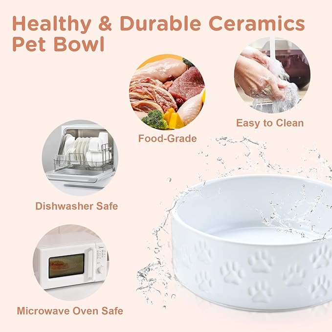SPUNKYJUNKY Ceramic Dog and Cat Bowls 2 Pack, 6.1'' Dog and Cat Food Water Double Feeding Bowls Non-Slip for Large Sized Breed Microwave Dishwasher Safe - 28.7 OZ, 2pcs, Paw White-Mewly Pet