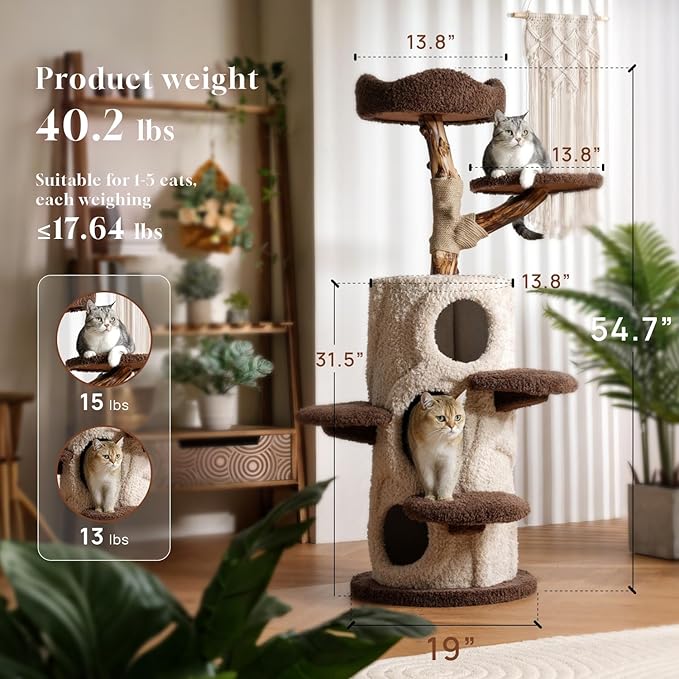 54.7'' Tall Modern Wood Cat Tree with 3 Level House, Luxury Cat Tower for Home Decoration, Large Cat Condo for Multi-Cat Families-Mewly Pet