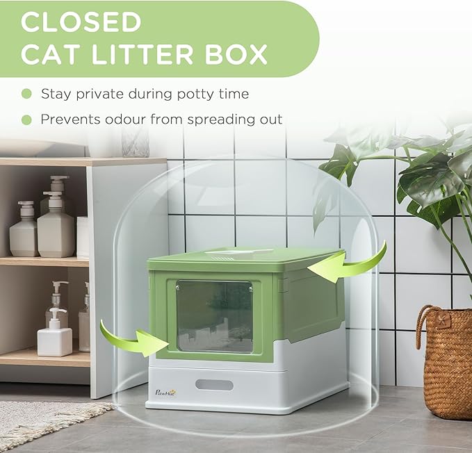 PawHut Fully Enclosed Cat Litter Box with Scoop, Hooded Cat Litter House with Drawer Type Tray, Foldable Smell Proof Potty with Front Entry, Top Exit, Large Space, Yellowish Green-Mewly Pet