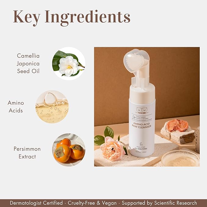 YUKIMI Premium Amino Acid Paw Cleanser with Silicone Bristle Brush for Dogs & Cats | Dermatologist Certified Hypoallergenic | Hydrating, Soothing, Deodorizing, Moisturizing | pH Balanced - 5.0 Fl Oz-Mewly Pet