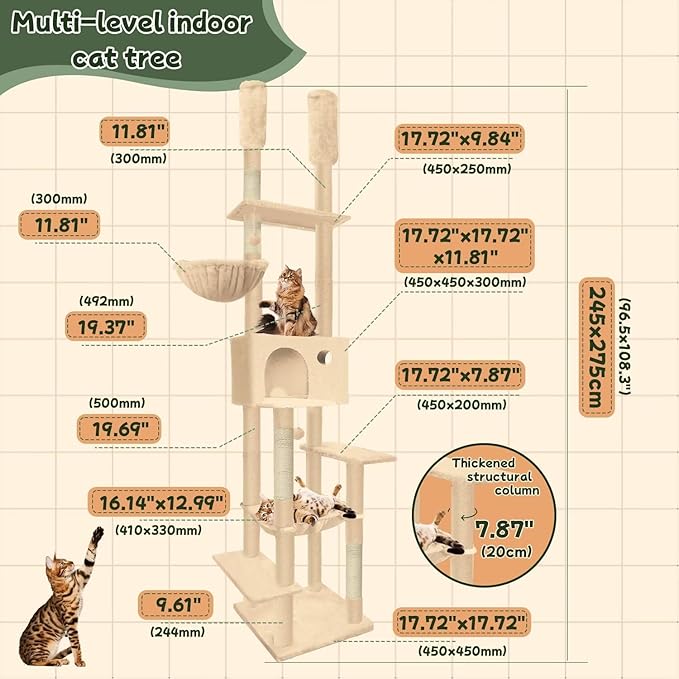 96.5"-108" Cat Tree Floor to Ceiling 7-Tier Cat Tower Adjustable Height with Scratching Posts, Cozy Hammock, Cat Condo for Indoor Cats(Beige)-Mewly Pet