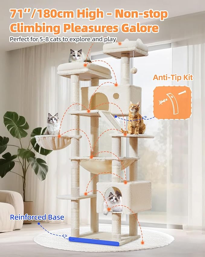 Taoqimiao Cat Tree 71-Inch, Cat Tower for Indoor Cats Large Adult, Multi-Level Large Cat Condo, 8 Sisal Scratching Posts, Metal Frame Cozy Hammock, Scratch Board, 2 Top Perches, Beige MS026LM-Mewly Pet