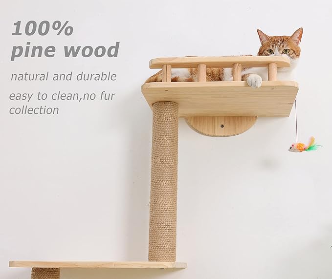 Cat Tree Wall Mounted with 4 Levels Shelves, 73" Wood Corner Tower Inside Kitten Scratching Post for Climbing,Perching and Lounging (Left to Right)-Mewly Pet