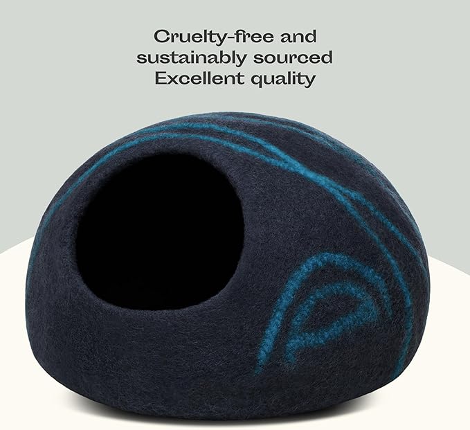 MEOWFIA Cat Cave – Premium Felt Cat Bed for Indoor Cats, Handmade 100% Merino Wool (Large, Black Aqua)-Mewly Pet