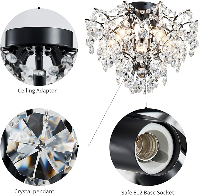 WUZUPS 5-Light Crystal Chandelier Flushmount Ceiling Light Modern Lighting Fixture for Bedroom Hallway Bar Kitchen Bathroom, H 12" W 15.4", E12 Base, Black