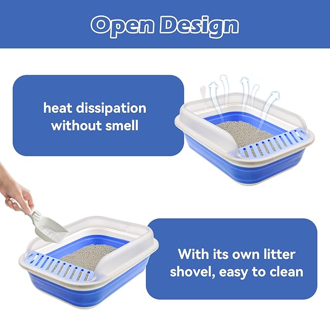 High Sided Cat Litter Box, Anti-Splashing Low Entry Cats Litter Pan with Scoop Collapsible Foldable Shallow Kitten Potty Toilet Waterproof Cat Travel Litterbox Semi-Enclosed Easy Clean(Blue)-Mewly Pet