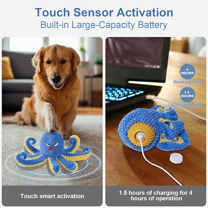 Interactive Dog Toys Octopus,Durable Automatic Jumping Dog Toy to Keep Them Busy,Squeaky Moving Tug of War Doggie Toy,USB Rechargeable Puppy Toys (Blue)-Mewly Pet