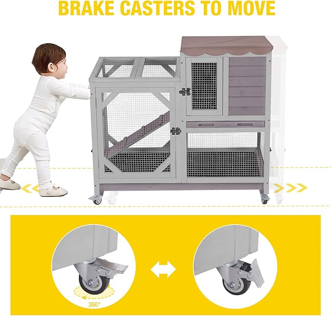 AIVITUVIN 2-Story Rabbit Hutch Indoor for 2-4 Rabbits & Guinea Pigs Wooden Small Animal Cage Guinea with Chew-Proof Design & Slide-Out Trays Bunny Cage with Lockable Wheels-Mewly Pet