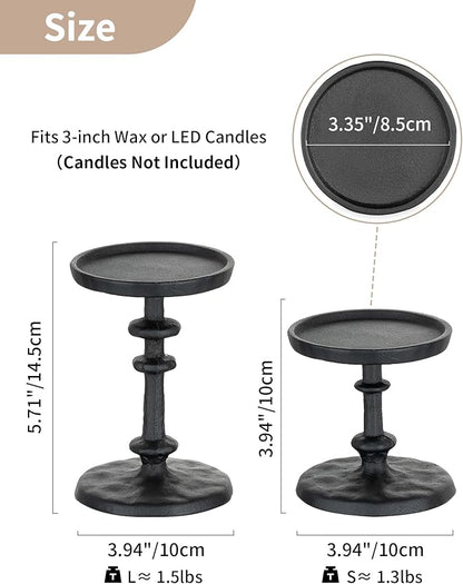 NUPTIO Pillar Candle Holder Black: Solid Cast Iron Candle Stand for 3 Inch Pillars - Vintage Sturdy Metal Candleholder for Halloween Christmas Fireplace Mantle Decor