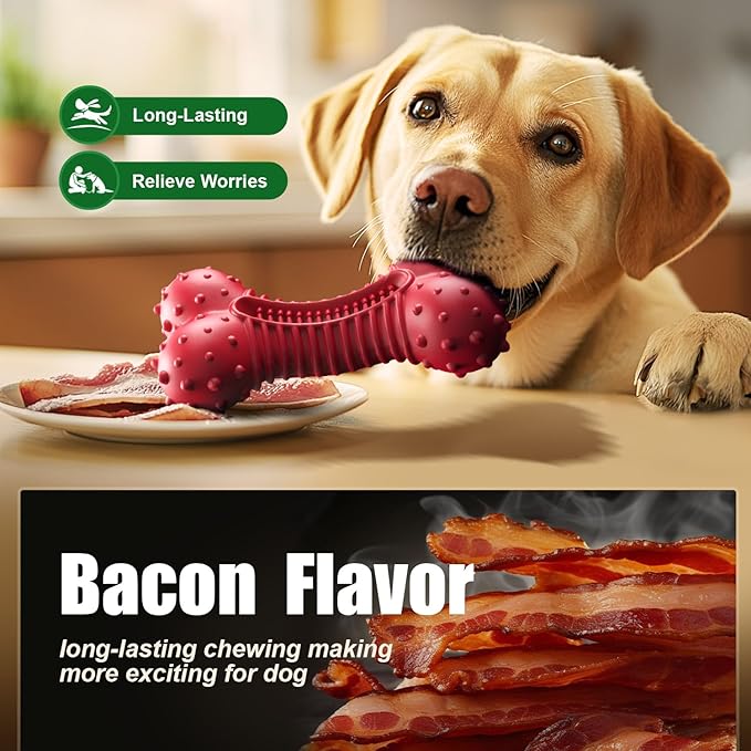 Dog Toys for Aggressive Chewers, Dog Chew Toys for Medium Large Dogs, Durable Natural Rubber Dog Toys with Bacon Flavor, Indestructible Dog Toy, Red-Mewly Pet