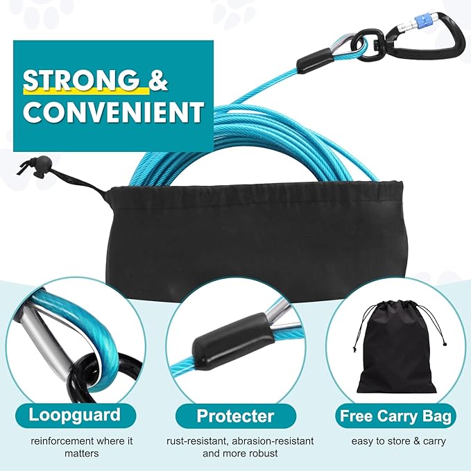 Snagle Paw Heavy Duty Long Dog Leads for Yard 150FT-1000LBS Break Strength,Dog Tie Out Cable with Swivel Lockable Hook & Spring,Chew Proof Dog Chain for Outside,Dog Run Cable for Medium Large Dogs-Mewly Pet