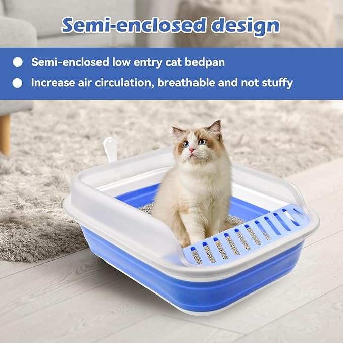High Sided Cat Litter Box, Anti-Splashing Low Entry Cats Litter Pan with Scoop Collapsible Foldable Shallow Kitten Potty Toilet Waterproof Cat Travel Litterbox Semi-Enclosed Easy Clean(Blue)-Mewly Pet