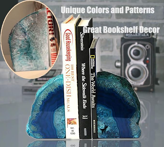 AMOYSTONE Agate Geode Bookends Heavy Duty Stone Book Ends Decorative Bookend Holder Home Office Decor with Rubber Bumpers Teal 1 Pair, 2-3 LBS