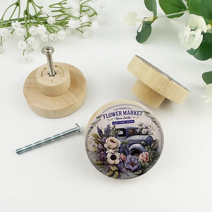 JamJam 8 Pack 1.8" Wooden Rustic Farmhouse Cabinet Knobs Vintage Car Wih Flower Heme Nursery Kids Room Dresser Drawer Knobs and Pulls