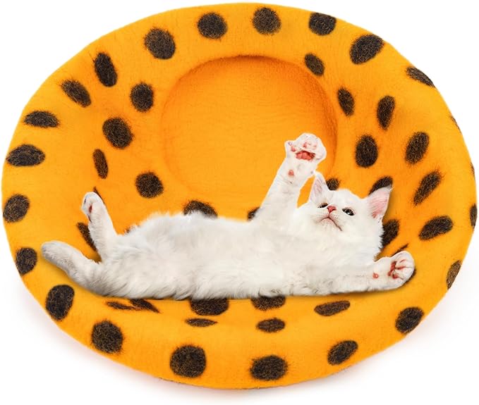 Woolygon Premium Felt Cat Cave Bed - Polka Dot Series - Wool Kitty Beds Handcrafted Kitten Caves Bed for Indoor Cats - Eco-Friendly Merino Wool, Foldable Cat Hideaway Cat Houses (Orange/Black Dots)-Mewly Pet