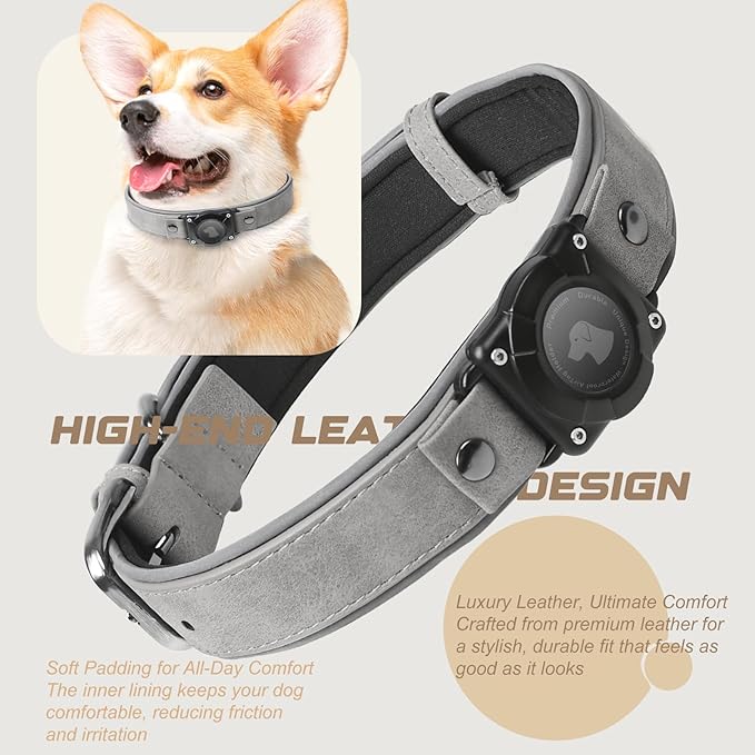AirTag Dog Collar - Leather Dog Collar with Air Tag Holder | IPX8 Waterproof, Reflective, High - End, Adjustable Soft Padded | Dog GPS Tracker Collars Fit for Medium Large Dogs (Grey, M)-Mewly Pet