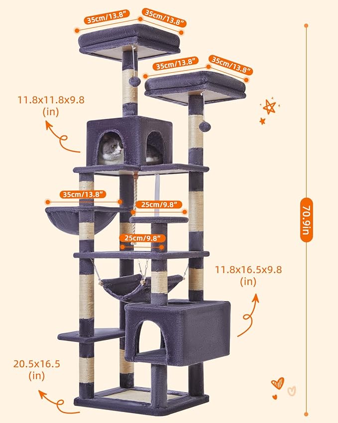 Taoqimiao Cat Tree, 71-Inch Cat Tree Cat Tower for Indoor Cats, Plush Multi-Level Cat Condo with 10 Scratching Posts, 2 Perches,Basket, 2 Caves,Hammock, 2 Pompoms,MS020G Beige Smoky Gray-Mewly Pet