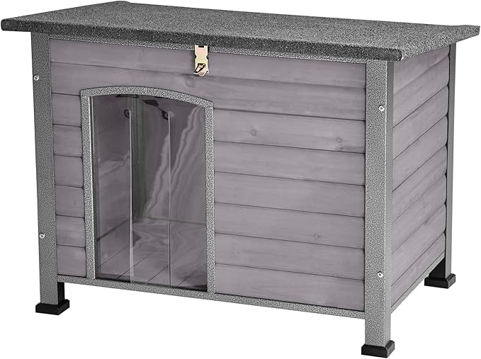 Indoor Outdoor Dog House,Anti-Chewing Iron Frame Dog Kennel,Wood Warm Pets Home,Weatherproof Outside Shelter for Feral Animal 33.5" (L) X 22" (W) X 25.2" (H) Grey-Mewly Pet