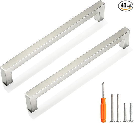 Cabinet Pulls Brushed Nickel Cabinet Handles Square Drawer Pulls, 40 Pack 7-1/2 Inch Stainless Steel Kitchen Door Cupboard Cabinet Handles, Cabinet Hardware Drawer Handles, 192mm Hole Centers