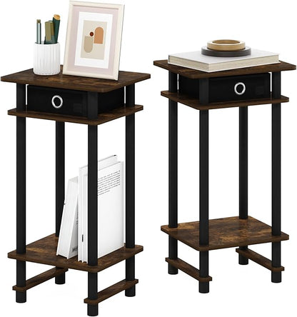 Furinno Turn-N-Tube Tall End Side Night Stand/Bedside Table with Bin Drawer, 2-Pack, Amber Pine/Black/Black