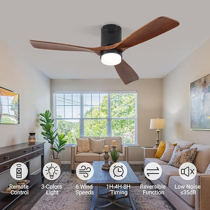 Ceiling Fans with Lights, 52" Wood Ceiling Fan with Remote Control, 3 Walnut Fan Blades Reversible Quiet DC Motor 6 Speeds Timing Farmhouse Ceiling Fan for Bedroom/Living Room/Study/Porch