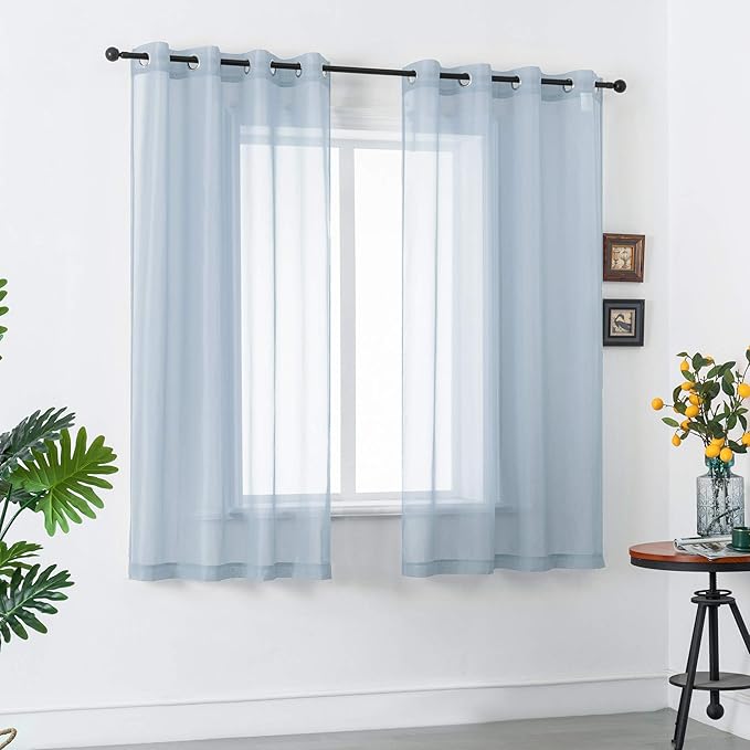 DUALIFE 45 Inches Long Dusty Blue Voile Sheer Curtains for Nursery 2 Panels Grommet Small Windows Short Drapes Solid Blue Sheer Curtains for Bathroom Boys Bedroom 52 X 45 Inch Long