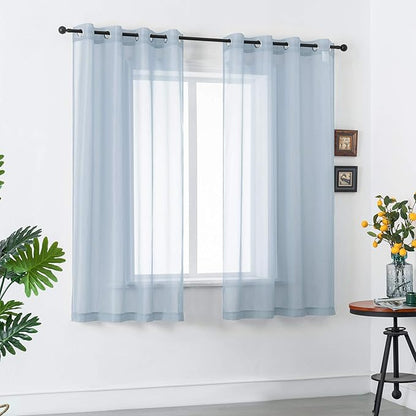 DUALIFE 45 Inches Long Dusty Blue Voile Sheer Curtains for Nursery 2 Panels Grommet Small Windows Short Drapes Solid Blue Sheer Curtains for Bathroom Boys Bedroom 52 X 45 Inch Long