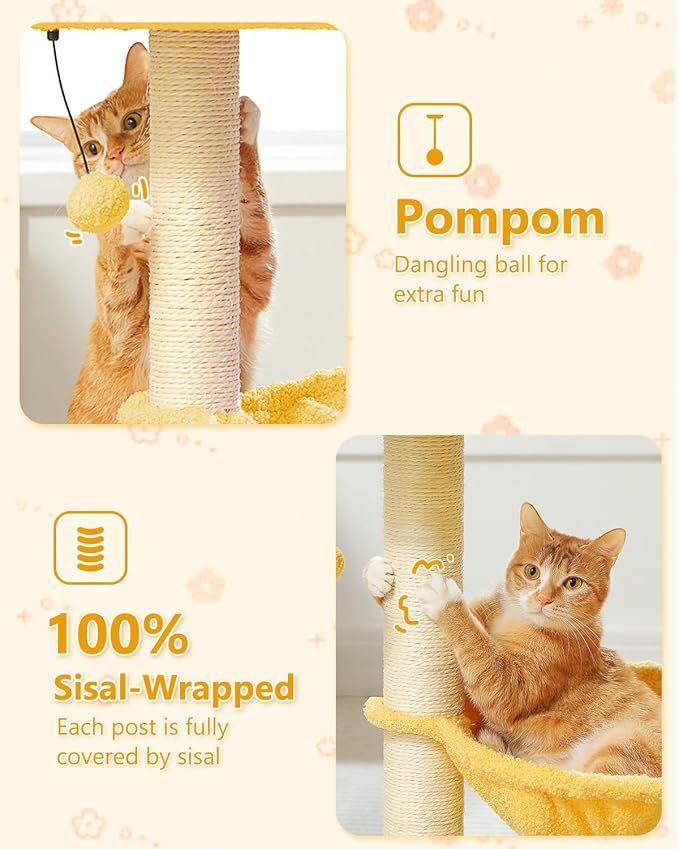 28" Flower Cat Tree Cute with Flower Top Perch, Large Hammock for Indoor Small Cats, Small Cat Tower with Cute Scratching Post and Fur Toy Ball for Kittens, Yellow-Mewly Pet