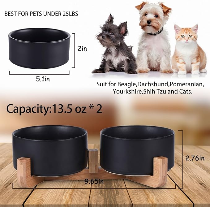 Petygooing Ceramic Dog Cat Bowls Set with Stand,Black Pet Food and Water Bowl,Small Dog Bowls Cute Modern Anti Slip Set of 2 Pet Feeder Small Size Pet Dish(13.5OZ/5.1 in)-Mewly Pet