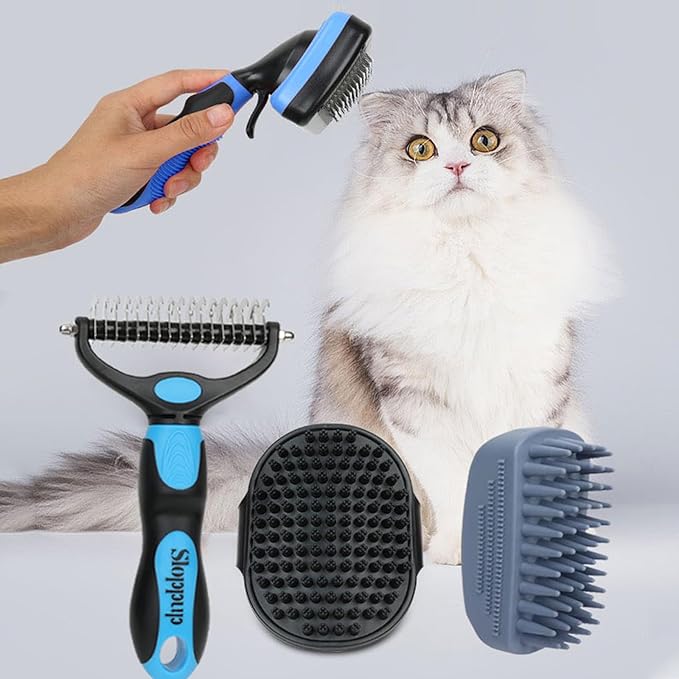 Dog Brush Kit for Grooming Short & Long Haired Dogs & Cats, 4-in-1 Pet Grooming Set with Self-Cleaning Slicker Brush, Deshedding Tool, Shampoo Bath Comb, Massge Comb (Blue Black)-Mewly Pet