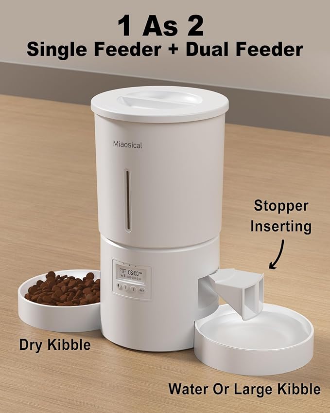 Dual Automatic Cat Feeder 2 Cats,6 Meals/Day,12 Portions/Meal,4.2L Dual Power Double Bowls Feeder,Dry Food Auto Pet Dispenser,10S Voice Record,Flexible Schedule Timer (White,Basic Dual Bowls)-Mewly Pet