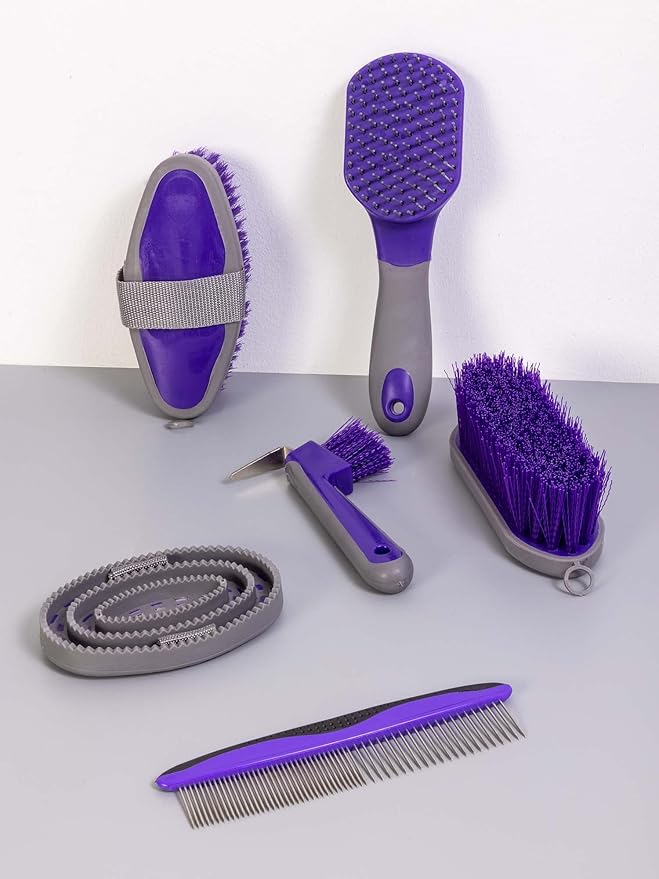 Horse Grooming Kit (12-Piece): Brushes, Storage Bag, Sweat Scraper, Mane Comb, Grooming Gloves - Purple Horse Gifts for Girls-Mewly Pet