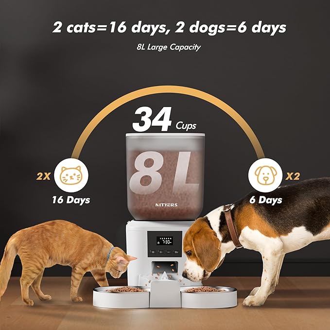 Automatic Cat Feeder for 2 Cats - 8L/34 Cups Large Capacity Auto Food Dispenser with LCD Screen, 2 Food Trays, Timed Cat Feeder, Up to 50 Portions 6 Meals Per Day, Keep Fresh, White-Mewly Pet