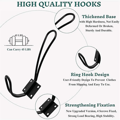 Rustic Entryway Hooks-12 Pack Farmhouse Hooks with Metal Screws Included, Black Decorative Wall Mounted Rustic Coat Hooks Rack, Double Vintage Organizer Hanging Wire Hook Clothes Hanger