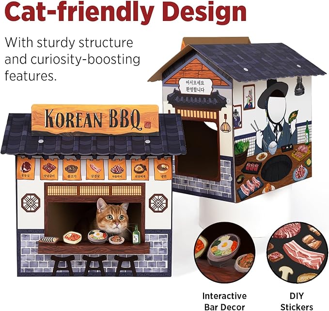 Cat Beds for Indoor Cats, Cardboard Cat House with Scratchers, Korean BBQ, Large Sturdy Cat Furniture Condo Cave Tent, Easy to Assemble Pet Toys Accessories Stuffs, Bunny Small Animals